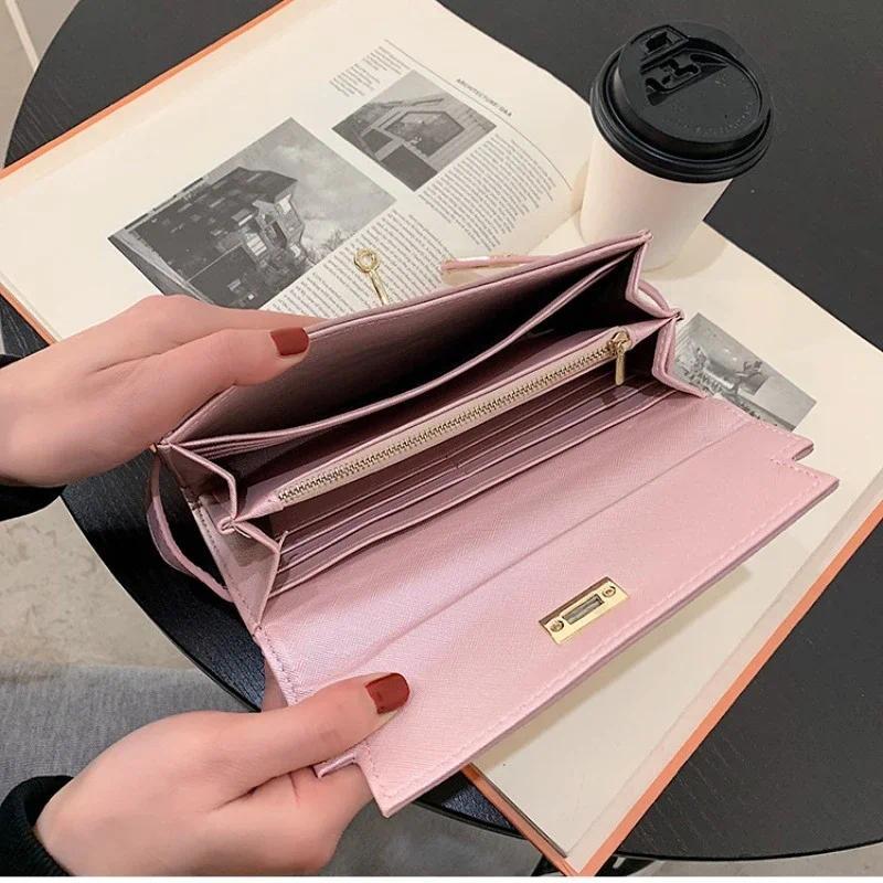 2024 Fashion Women's Wallet with Lychee Pattern and Lock Buckle Long Wallet Luxury Cowhide Solid Color Card Holder Coin Purse