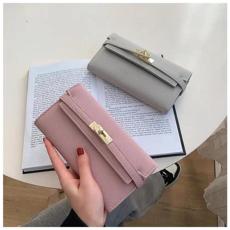 2024 Fashion Women's Wallet with Lychee Pattern and Lock Buckle Long Wallet Luxury Cowhide Solid Color Card Holder Coin Purse